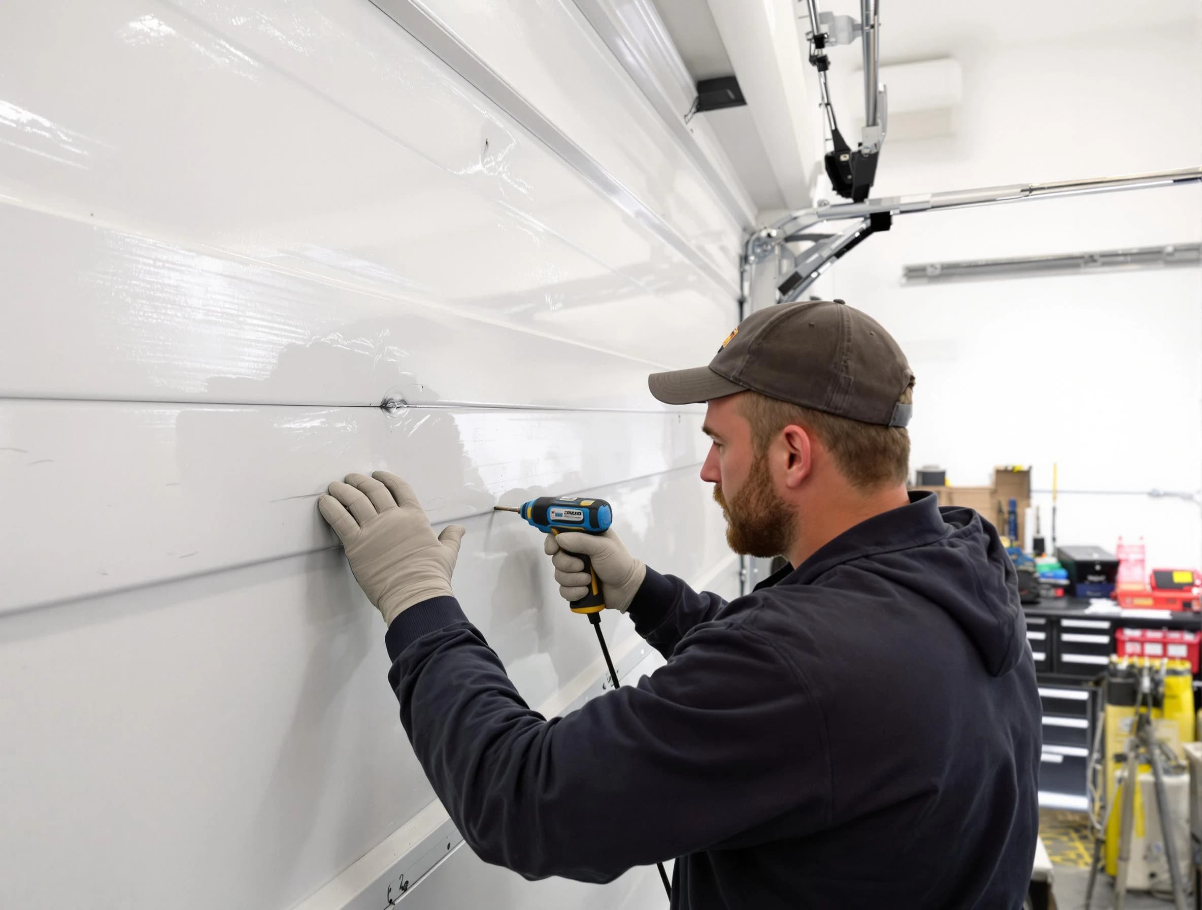 Johnstown Garage Door Repair technician demonstrating precision dent removal techniques on a Johnstown garage door